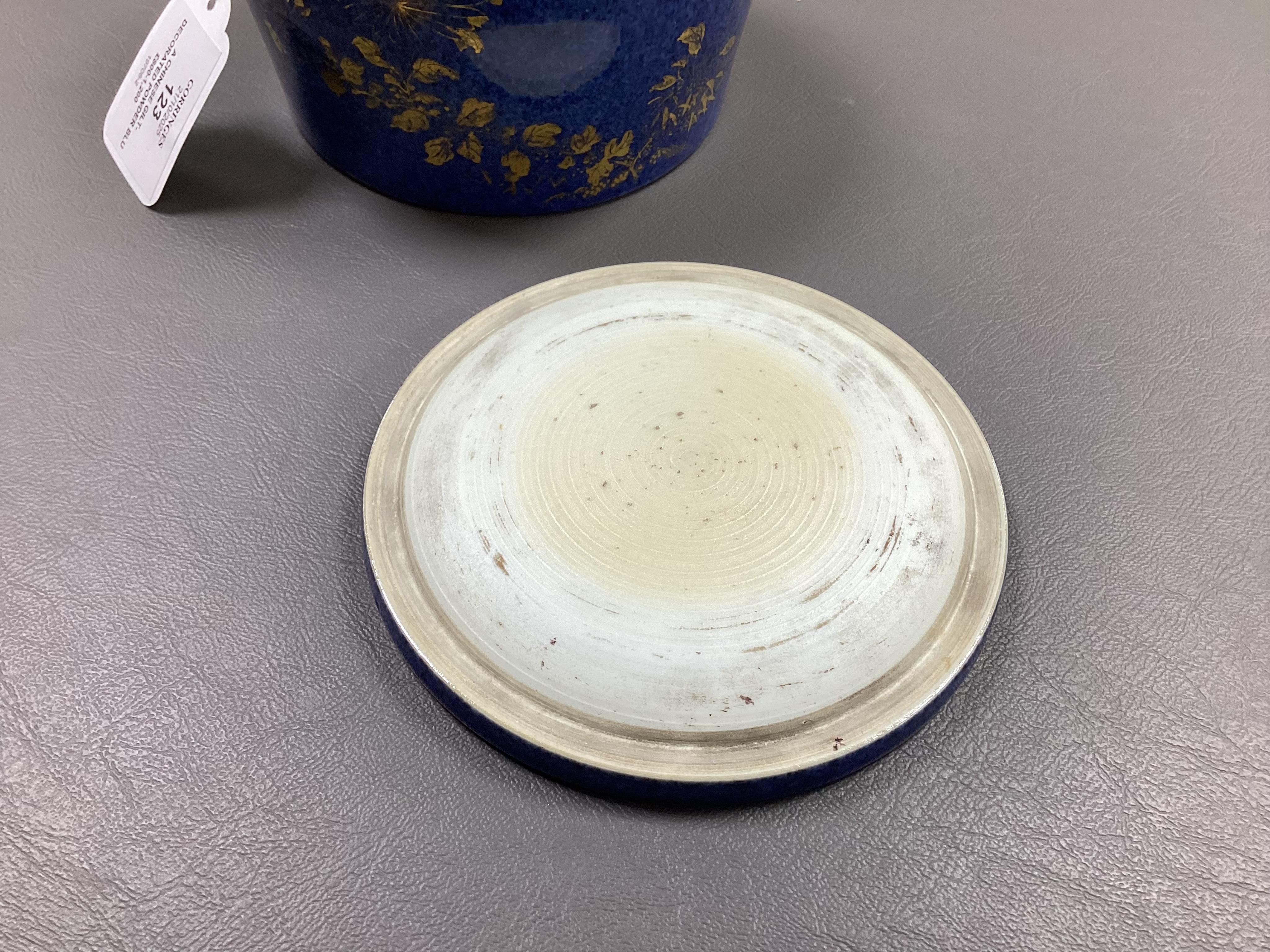 A Chinese gilt-decorated powder blue ‘fighting cricket’ box and cover, Xuande six character mark but later